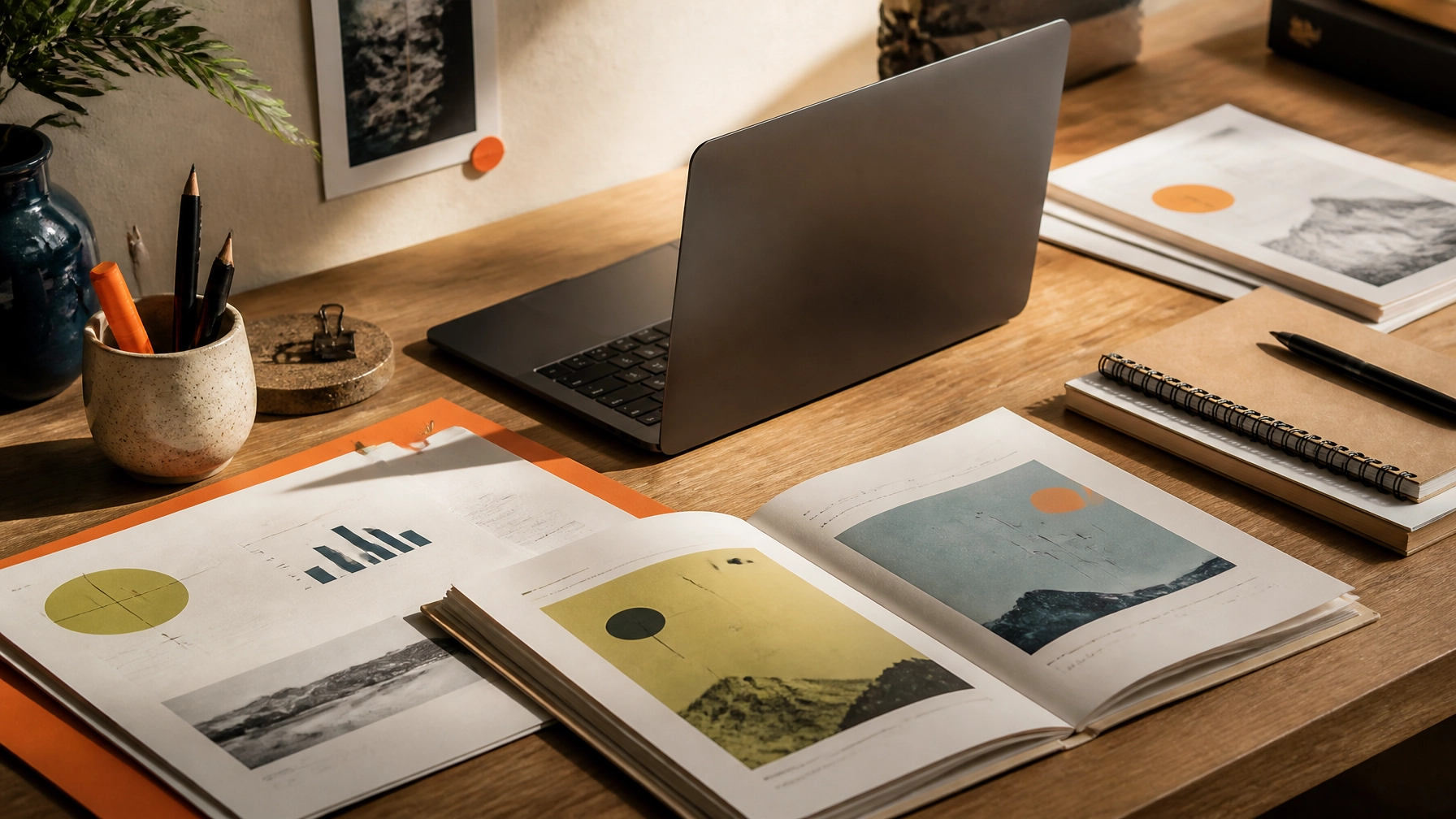 Laptop, reports, notebook, and guide pages arranged on a warm workspace