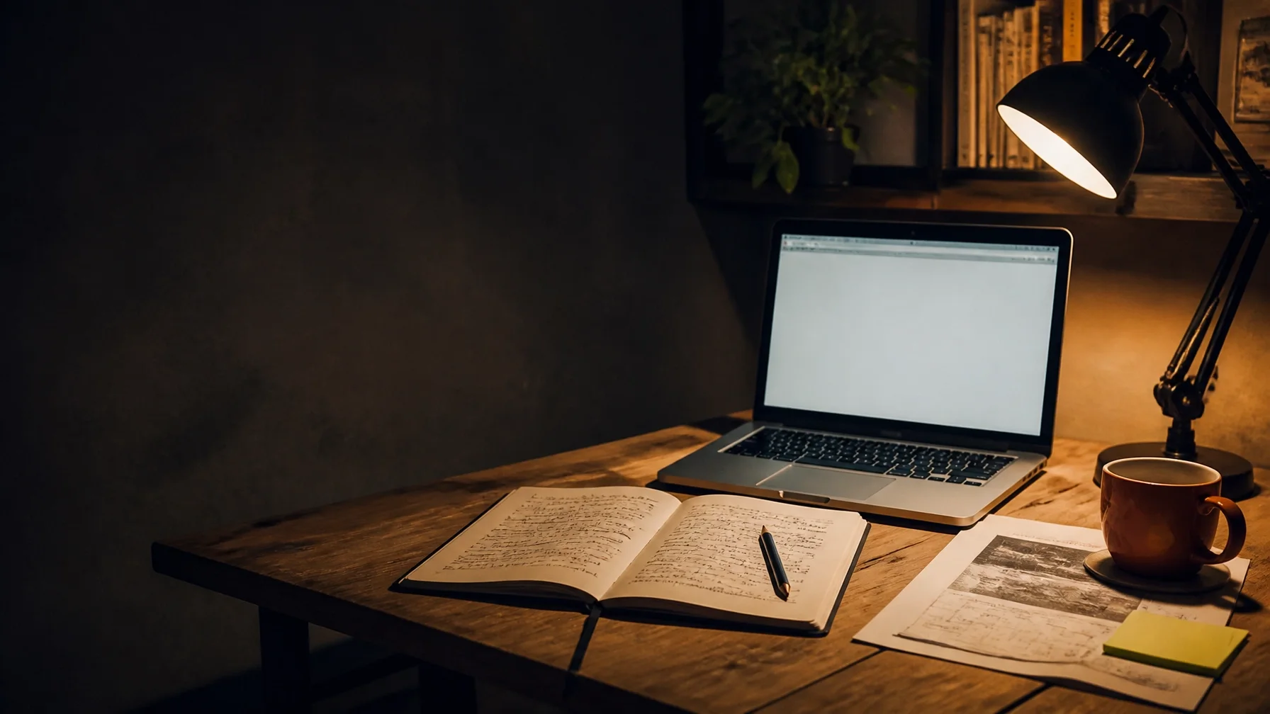 Late-night writing workspace with an open notebook and laptop